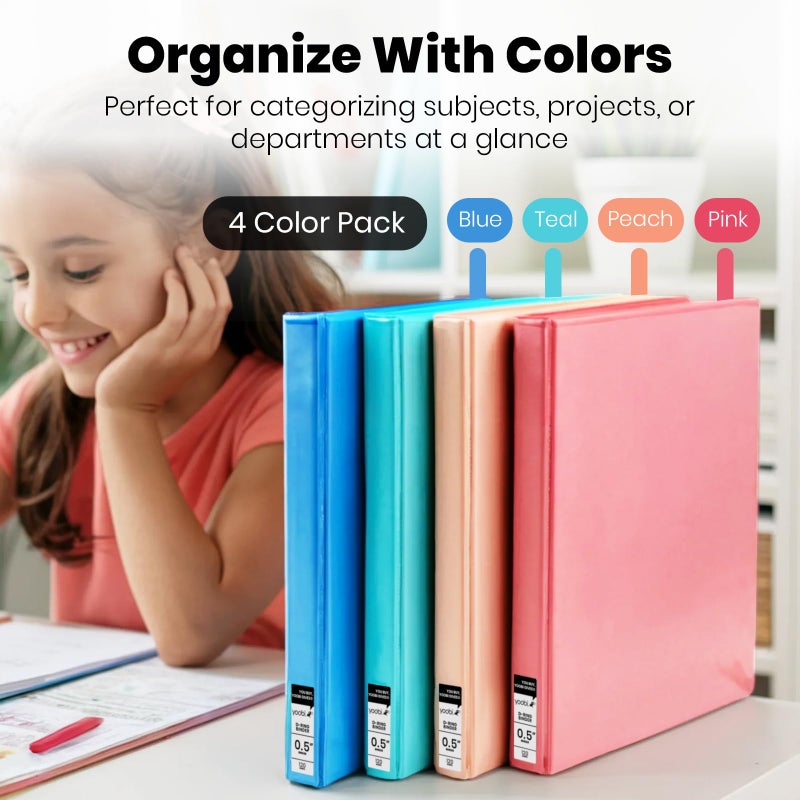 Yoobi 3 Ring Binders â€“ 0.5 Inch Binder with Round D Rings and 2 Pockets, Durable, PVC-Free Organizer with 120 Sheets Capacity, 4- Pack Colored Binders with Plastic Cover for Office Supplies - Image 3